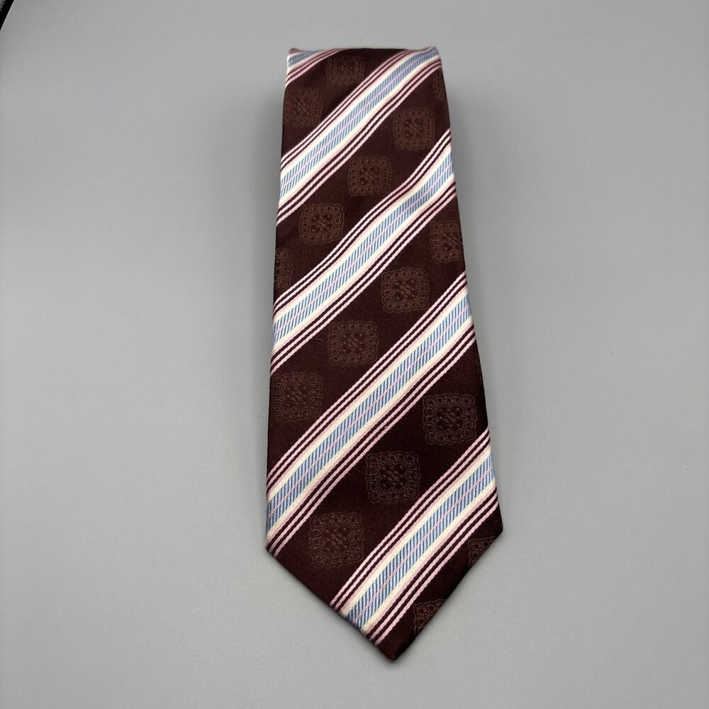 CANALI Brown Pink Blue White Striped Thick Silk Neck Tie Italy